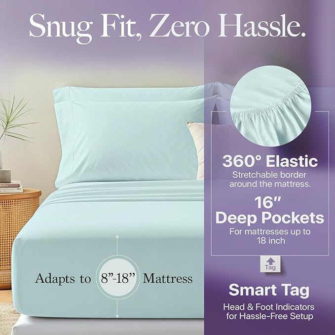 Carressa Linen California King Egyptian Cotton Sheet Sets - 600 Thread Count Cal King Cotton Sheet Set (4 PC, Seafoam Green), Extra Soft, Cooling, 16" Deep Pocket Sateen Weave Luxury Hotel Bed Sheets