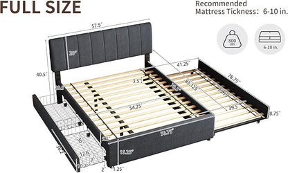 Full Size Upholstered Platform Bed with Trundle & 2 Drawers and 1 Sets of USB, Linen Fabric Full and Twin Double Bed w/LED Lights with APP for Bedroom,Dark Gray
