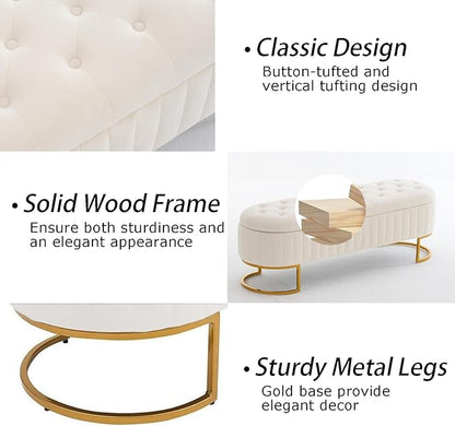 Velvet Storage Bench for Bedroom, Modern Tufted End of Bed Bench for King Size Bed, Upholstered Long Ottoman Bench with Gold Legs for Living Room/Entryway (Ivory White, 55" Wide)
