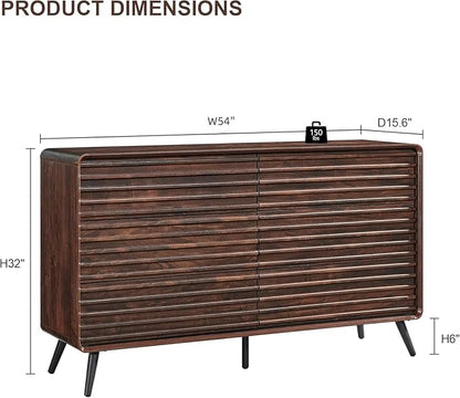 RedLemon 6 Drawers Dresser for Bedroom, 54'' Wide Mid Century Modern Wood Fluted Double Dresser, Chest of Drawers with Tapered Leg for Bedroom, Living Room, Hallway, Closet, Dark Walnut
