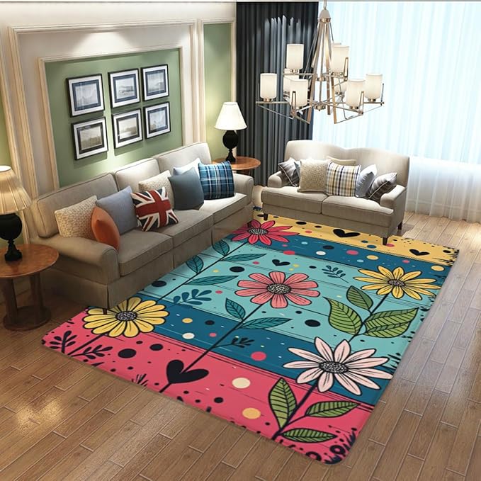 Machine Washable 5' x 7' Folk Art Print Style Area Rug, Flowers Floor mat, Suitable for bedrooms, Girls' Room Bedside, Living Room, Dining Room, Office, Non-Slip Low-Pile Retro, Fashionable Carpet