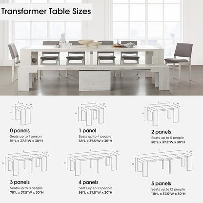 Transformer Table - Solid Wood Extendable Dining Table, Seats 2-12, Extendable Dining Room Table, Space-Saving Furniture, Expandable Dining Furniture (White, Table + Coffee Table)
