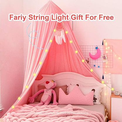 Pink Bed Canopy for Girls with Light, Princess Canopy Curtains for Twin Full Queen Size Kids Bed, Canopy for Girls Bed Room Decor, Hanging Castle Ceiling Tent