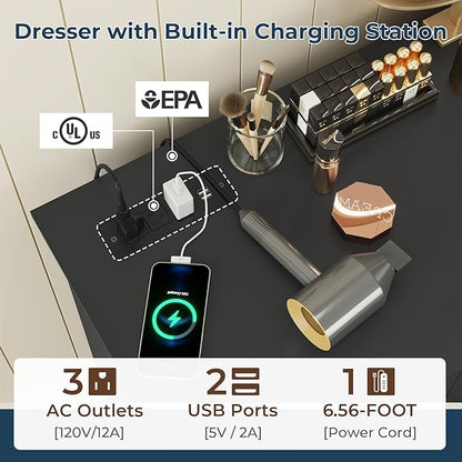 DICTAC Black Dresser for Bedroom with 10 Drawers, Large Chest of Drawers Storage Organizer, Long Dresser TV Stand with Power Outlets, Wide Dressers for Bedroom, Living Room 55.1" W x 32.3" H x 15.8" D