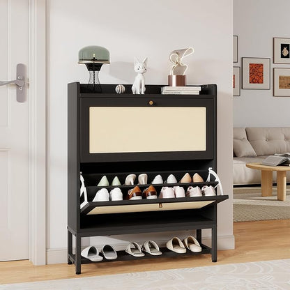 Slim Entryway Shoe Storage Cabinet with 2 Flip Drawers, Modern Freestanding Shoes Organizer Holds 16-20 Pairs, Closed Shoe Storage for Hallway, Foyer - Space-Saving Wood Shoe Cabinet
