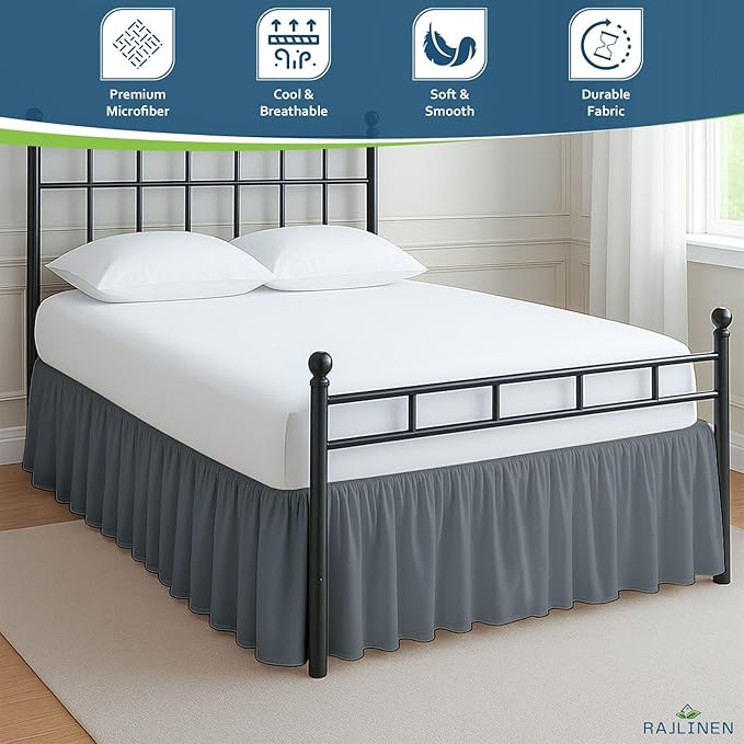 Rajlinen Ruffled Bed Skirt King, 18 Inch Drop Dust Ruffle with Split Corners, 100% Microfiber Bedskirt with Platform, Three-Sided Coverage Ruffled Gathering Design, Dark Grey