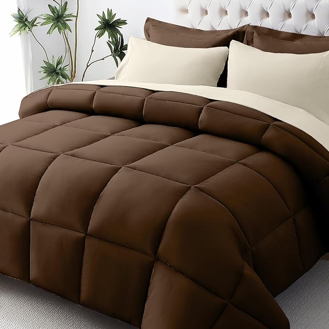 JOLLYVOGUE Full Comforter Set, Ultra-Soft Bed in a Bag Full Size 7 Pieces, Oeko-TEX Certified Bedding Set with Down Alternative Comforter, Sheets, Pillowcases & Shams, Brown & Beige