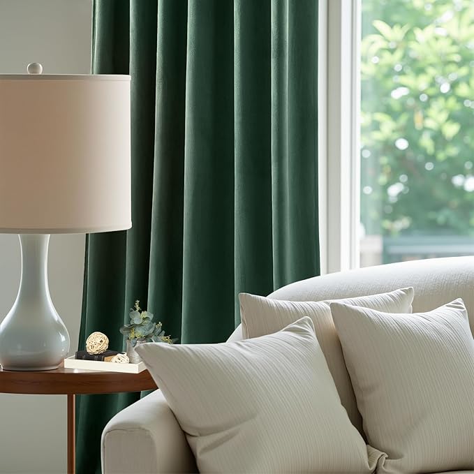 Velvet Curtains 108 Inches Long for Bedroom, Luxury Room Darkening Thermal Insulated Blackout Curtains Luxury Window Drapes for Living Room, Back Tab Rod Pocket, Dark Green, W52 x L108, 2 Panels