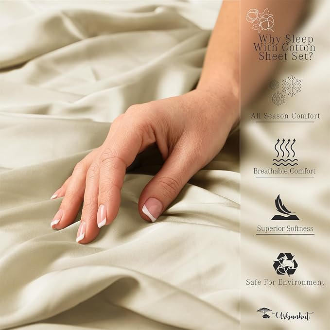 URBANHUT 800 Thread Count 100% Cotton Twin Size Sheets, Luxury 4 Piece Twin Bedsheets, Hotel Sheets Sateen Finish - Better Than Egyptian, 14" Elasticized Deep Pocket - Ivory
