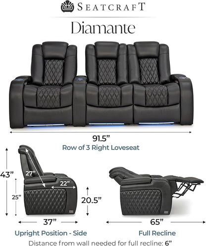 Seatcraft Diamante Zero-Gravity CoolZero Italian Leather Home Theater Seating, Power Headrest, Power Recline, Row of 3 Right Loveseat, Black