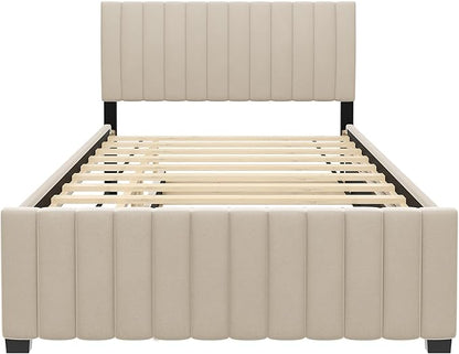 Full Bed Frame with Trundle Bed,Velvet Upholstered Platform Bed Frame,Full Size Trundle Bed with Headboard for Kids Teens Adults(Beige)