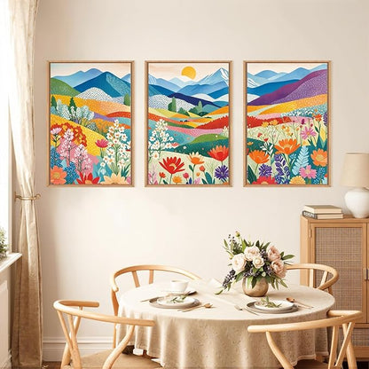 LHIUEM Large Abstract Mountain Flower Framed Canvas Wall Art,Colorful Watercolor Boho Wall Decor,Nature Floral Tree Wall Painting,Bohemian Artwork for Living Room,Bedroom,Dining Room,Office -24"x36"x3