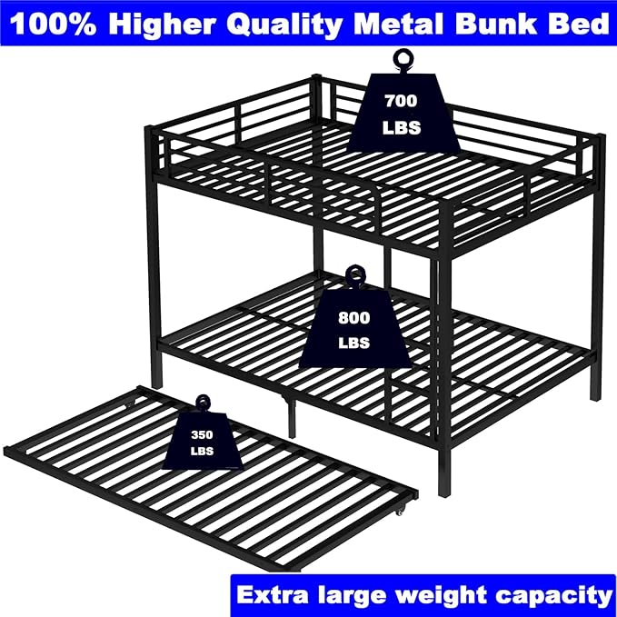 Upgraded Version Thicken Heavy Duty Metal Full Over Full Bunk Bed with Twin Size Trundle, Modern Style Stronger Full Size Bunk Bed Frame for Adults, Easy Assembly (Full)