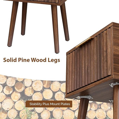 VINGLI Night Stand Set 2, Fluted Nightstands with Drawer, Mid Century Modern Nightstands Set of 2, Bedside Table, End Table, Wood Nightstand for Bedroom, Walnut, 15.75" W*11.81" D*21.85" H