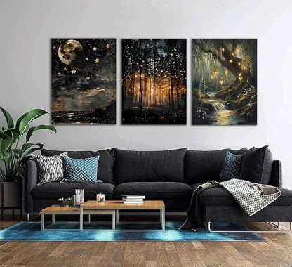 RYZopmuy Forest Wall Art Set – 3 Framed Moon & Fireflies Canvas Prints, Calming Nature-Inspired Décor for Modern Homes