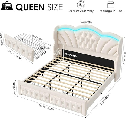 Keyluv Queen Bed Frame with LED Lights and 2 Storage Drawers, Velvet Upholstered Platform with 47" Tall Arc-Shaped Wingback Headboard and Button Tufted Design, No Box Spring Needed, Noise-Free, Beige