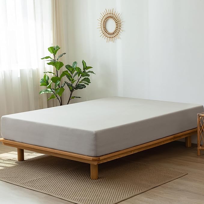 MooMee Fitted Bottom Sheet Only 100% Washed Cotton Linen Like Textured Breathable Durable Soft Comfy Deep Pocket Fits Mattress up to 17" (Natural Linen, Queen)