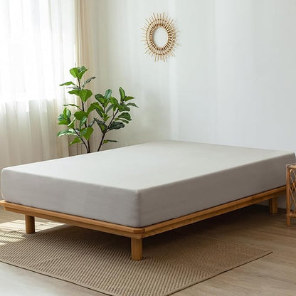 MooMee Fitted Bottom Sheet Only 100% Washed Cotton Linen Like Textured Breathable Durable Soft Comfy Deep Pocket Fits Mattress up to 17" (Natural Linen, Queen)