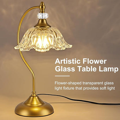Vintage Table Lamp with a Floral Clear Glass Shade, A Plug-in Nightstand Lamp in Matte Brass Finish for Bedroom, Living Room,Office, and Desk