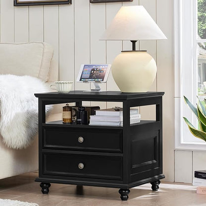 Farmhouse Nightstand Set of 2 with Charging Station, 24" Wide End Table with 2 Drawers,Wood Dresser for Bedroom,Black Bed Side Table Chest of Drawers Cabinet,Night Stand for Living Room