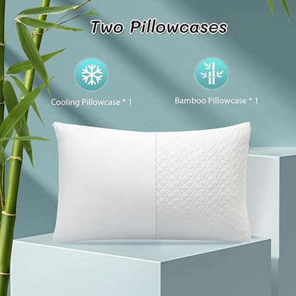 Memory Foam Pillows Queen Size Set of 2 - Adjustable Bed Pillows for Side Back Stomach Sleepers - with Washable Cooling Pillowcase