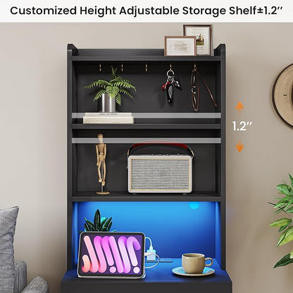 VIAGDO Tall Nightstand Set of 2 with Charging Station and LED Lights, Black Night Stand Set 2 with Bookshelf, Modern LED Bedside Tables with 3 Drawers and Storage Shelves, Side Tables for Bedrooms