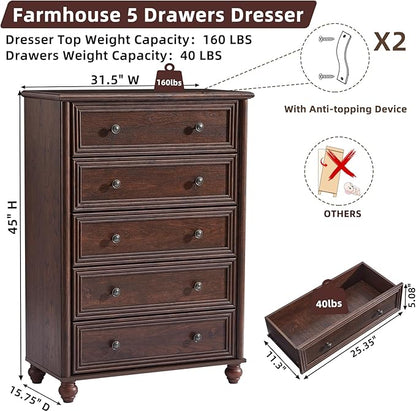 Farmhouse 5 Drawers Dresser for Bedroom, Wood 45" Tall Chest of Drawers, Dresser Rustic Storage Dressers Organizer with Metal Handle Closet for Living Room, Hallway Entryway(Walnut)