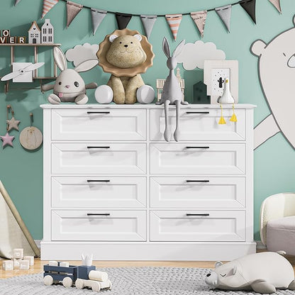 Odeekea White Dresser for Bedroom, Wood Dresser with 8 Drawers, Chest of Drawer for Bedroom Living Room Entryway Hallway, Modern Farmhouse Style