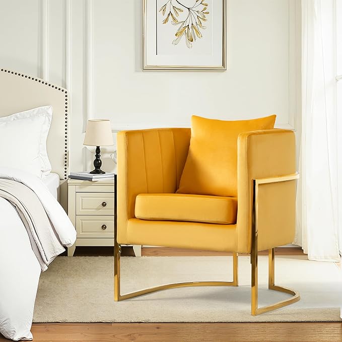 Velvet Modern Accent Chair, Upholstered Barrel Armchair Mid Century with Pillow for Living Room, Comfy Single Vanity Chair with Metal Gold Legs for Bedroom, Yellow