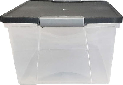 HOMZ 4-Pack Secure Latch, Clear Plastic Storage Organizer Bins, 15 Quart, Gray Lid - Stackable Container Boxes for Bedroom, Bathroom, Garage, and Office Organization