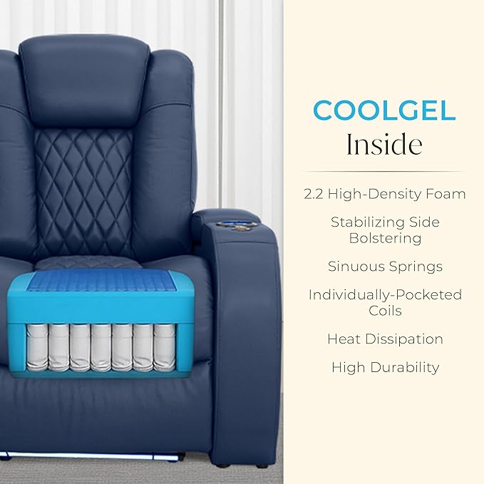 Seatcraft Diamante Zero-Gravity CoolZero Italian Leather Home Theater Seating, Power Headrest, Power Recline, Row of 3, Navy Blue