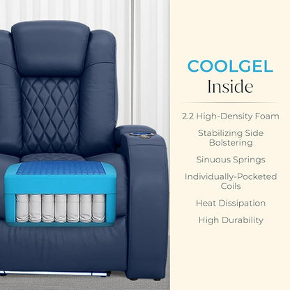 Seatcraft Diamante Zero-Gravity CoolZero Italian Leather Home Theater Seating, Power Headrest, Power Recline, Row of 3 Sofa, Navy Blue