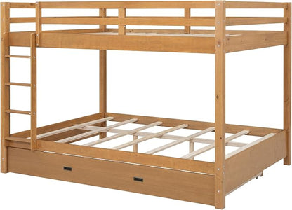 Bellemave Queen Over Queen Size Bunk Bed with Trundle for Kids/Adults,Solid Wood Bunk Bed Frame Queen Size with Ladder & Safety Guardrails,Wood Color