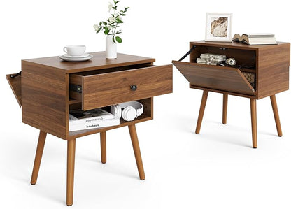Hidden Compartment Night Stand Set 2, Mid Century Modern Concealment Furniture, End Table with Storage Drawer, Bedside Table with Wood Legs for Bedroom (2,Walnut)