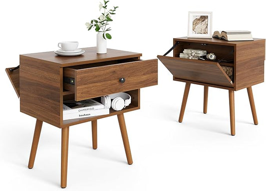 Hidden Compartment Night Stand Set 2, Mid Century Modern Concealment Furniture, End Table with Storage Drawer, Bedside Table with Wood Legs for Bedroom (2,Walnut)