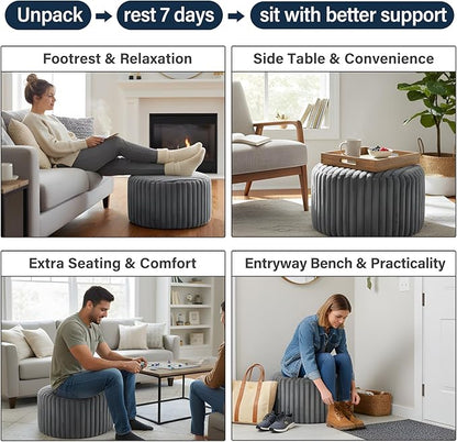 Tiita Round Stuffed Pouf Ottoman, Stripe Faux Fur Poufs with Foam Chunk Filling, Furry and Fluffy Pouf 21×21×12 inch Foot Stool Storage Ottoman,Puff Office Foot Rest for Couch Living Room, Grey