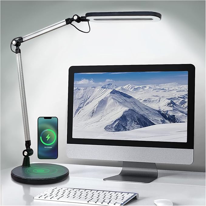 OTUS Desk Lamp for Home Office with Wireless Charger | LED Adjustable Architect Swing Arm Task Light for Computer Desk, Reading, Study & Video Calls | Dimmable Eye-Care Panel with Smart Memory