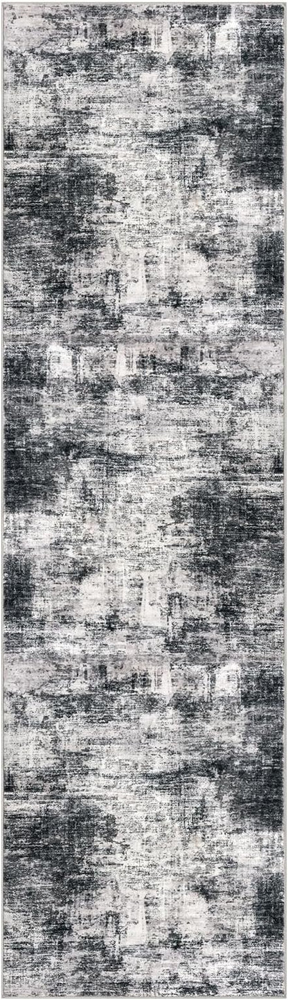 IOHOUZE Abstract Runner Rug 2x7 Ft Washable Runners for Hallways, Non Slip Kitchen Runner Printed Faux Wool Entryway Runners Indoor, Modern Abstract Floor Carpet for Hall Kitchen Bedroom, Black Gey
