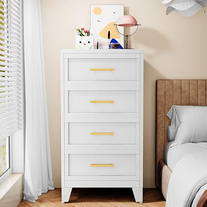 Metal Dresser for Bedroom Tall, White Dressers & Chest of Drawers, 4 Drawer Dresser with Curved Corner, Storage Cabinet with Drawers for Living Room, Entryway, Home Office (White, 24" W)