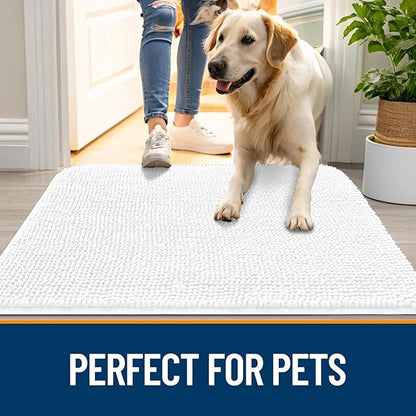 OLANLY Dog Door Mat for Muddy Paws 59x35, Absorbs Moisture and Dirt, Absorbent Non-Slip Washable Doormat, Quick Dry Chenille Mud Mat for Dogs, Entry Indoor Entryway Carpet for Inside Floor, White