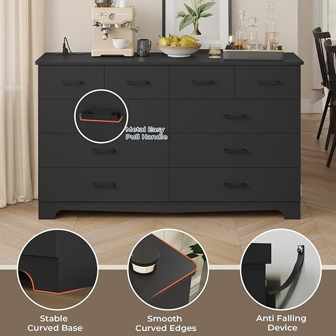 DICTAC Black Dresser for Bedroom with 10 Drawers, Large Chest of Drawers Storage Organizer, Long Dresser TV Stand with Power Outlets, Wide Dressers for Bedroom, Living Room 55.1" W x 32.3" H x 15.8" D