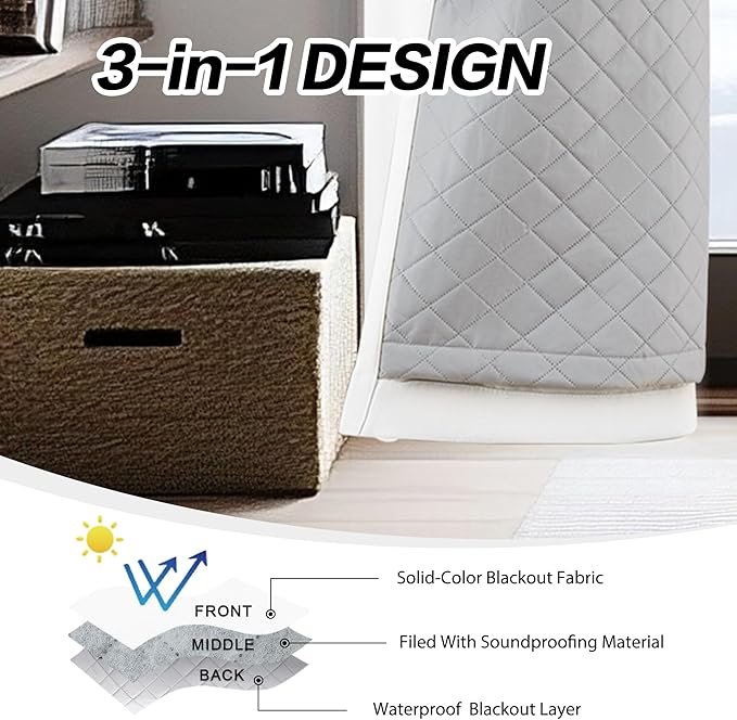 Soundproof 3-in-1 White 100% Blackout Room Divider Curtains for Bedroom Thermal Grommet Curtains 50x108 inches 1 Panel