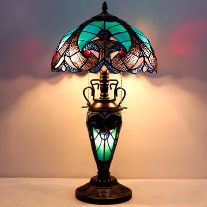 WERFACTORY Tiffany Style Table Lamp Green Stained Glass Liaison Lamp 12X12X22 Inches Mother-Daughter Vase Desk Reading Light Decor Bedroom Living Room Home Office S160G Series