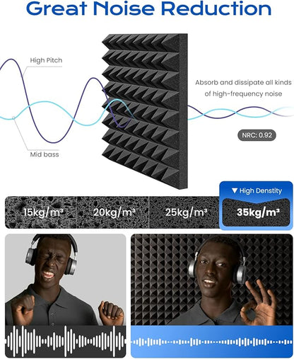 Sonicism Soundproof Wall Panels Self-Adhesive Pyramid 20 Pack,3" X 12" X 12" Acoustic Panels High Density Sound Proof Foam Panels for walls Fast Expand,Sound Absorption & Decoration(Black)