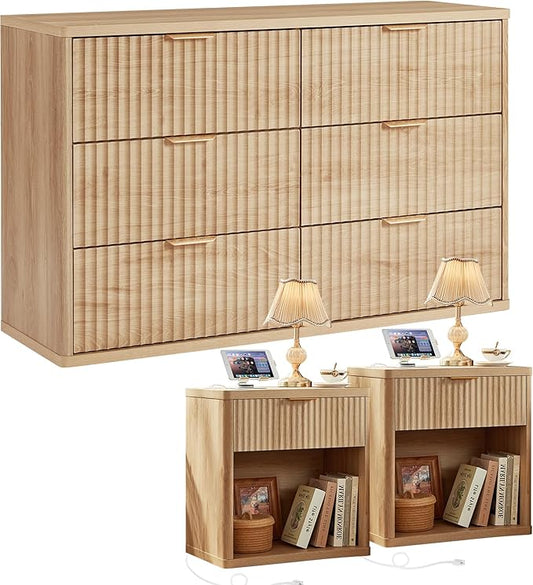 LEYAOYAO 48" Wide Fluted Dresser and 1 Drawers 23" Nightstand Set of 2, Wooden Dresser & Night Stand with Charging Station, 3 Piece Bedroom Furniture Set, Chest of Drawer for Living Room,Natural Wood