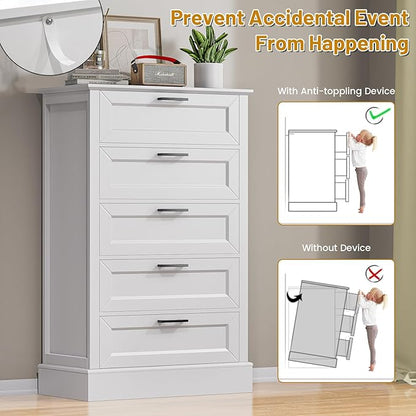 White Dresser for Bedroom, Wood Dresser with 5 Drawers, Chest of Drawer for Bedroom Living Room Entryway Hallway, Modern Farmhouse Style Black Handles 47" Tall