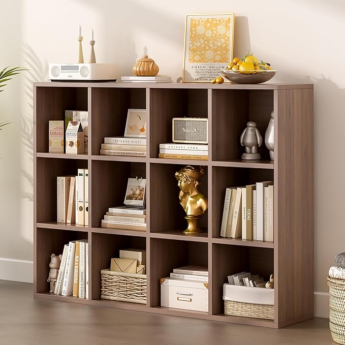 OSCHF 12-Cube Storage Shelf Bookcase - Wooden 3-Tier Floor Standing Open Bookshelf for Home and Office, Cuby Orgainzer, Walnut
