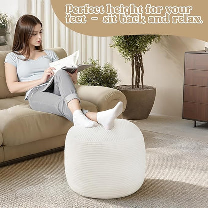 MeMoreCool Round Pouf Ottoman – Beige Corduroy Footrest with Foam Filling Compact Foot Stool for Couch, Living Room Decor, Dorms & Small Spaces
