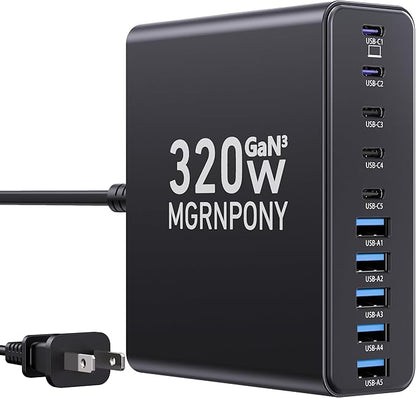 320W USB C Charger Block, 10-Port USB C Charging Station GaN III PD 65W Laptop Fast Charger Adapter for MacBook Pro/Air, DELL, iPad, iPhone, Samsung Galaxy Black