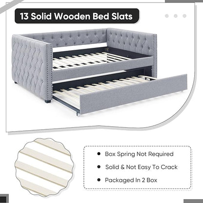 Antetek Daybed with Trundle, Upgraded Linen Upholstered Twin Size Day Bed Button-Tufted Sofa Daybed Frame with A Trundle,No Box Spring Needed,Furniture for Bedroom Living Room (Light Grey, Twin)